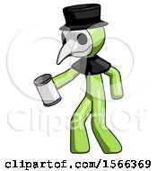 Green Plague Doctor Man Begger Holding Can Begging Or Asking For Charity Facing Left