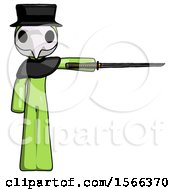 Green Plague Doctor Man Standing With Ninja Sword Katana Pointing Right