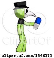 Green Plague Doctor Man Holding Blue Pill Walking To Right