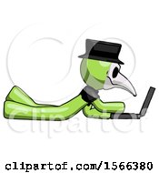 Poster, Art Print Of Green Plague Doctor Man Using Laptop Computer While Lying On Floor Side View