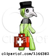 Green Plague Doctor Man Walking With Medical Aid Briefcase To Right
