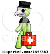 Poster, Art Print Of Green Plague Doctor Man Walking With Medical Aid Briefcase To Left