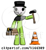 Poster, Art Print Of Green Plague Doctor Man Under Construction Concept Traffic Cone And Tools