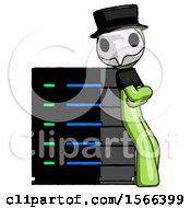 Poster, Art Print Of Green Plague Doctor Man Resting Against Server Rack Viewed At Angle
