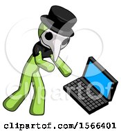 Green Plague Doctor Man Throwing Laptop Computer In Frustration