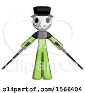 Green Plague Doctor Man Posing With Two Ninja Sword Katanas