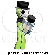 Green Plague Doctor Man Holding Glass Medicine Bottle