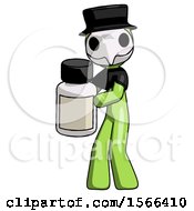 Green Plague Doctor Man Holding White Medicine Bottle