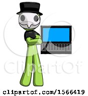 Green Plague Doctor Man Holding Laptop Computer Presenting Something On Screen