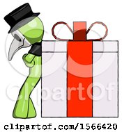 Poster, Art Print Of Green Plague Doctor Man Gift Concept - Leaning Against Large Present