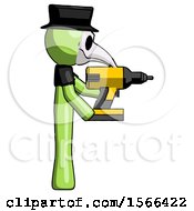 Green Plague Doctor Man Using Drill Drilling Something On Right Side