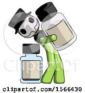 Green Plague Doctor Man Holding Large White Medicine Bottle With Bottle In Background