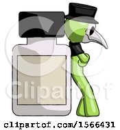 Green Plague Doctor Man Leaning Against Large Medicine Bottle