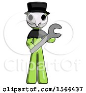 Green Plague Doctor Man Holding Large Wrench With Both Hands