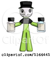 Green Plague Doctor Man Holding Two Medicine Bottles