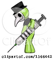 Green Plague Doctor Man Using Syringe Giving Injection