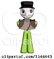 Poster, Art Print Of Green Plague Doctor Man Reading Book While Standing Up Facing Viewer