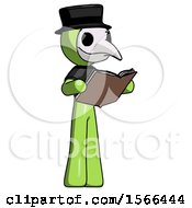 Poster, Art Print Of Green Plague Doctor Man Reading Book While Standing Up Facing Away