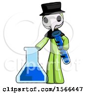 Poster, Art Print Of Green Plague Doctor Man Holding Test Tube Beside Beaker Or Flask