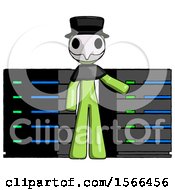 Poster, Art Print Of Green Plague Doctor Man With Server Racks In Front Of Two Networked Systems