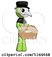 Green Plague Doctor Man Holding Package To Send Or Recieve In Mail