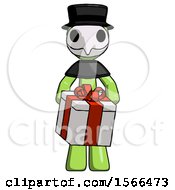 Poster, Art Print Of Green Plague Doctor Man Gifting Present With Large Bow Front View