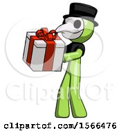 Green Plague Doctor Man Presenting A Present With Large Red Bow On It