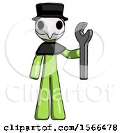Green Plague Doctor Man Holding Wrench Ready To Repair Or Work