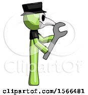 Poster, Art Print Of Green Plague Doctor Man Using Wrench Adjusting Something To Right