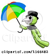 Green Plague Doctor Man Flying With Rainbow Colored Umbrella