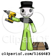 Poster, Art Print Of Green Plague Doctor Man Holding Drill Ready To Work Toolchest And Tools To Right