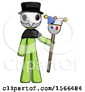 Green Plague Doctor Man Holding Jester Staff