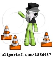 Poster, Art Print Of Green Plague Doctor Man Standing By Traffic Cones Waving
