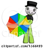 Green Plague Doctor Man Holding Rainbow Umbrella Out To Viewer