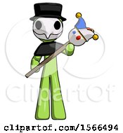Poster, Art Print Of Green Plague Doctor Man Holding Jester Diagonally