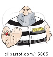 Big Tough Bald Man With A Mom And Heart Tattoo On His Arm Clenching His Fist While Wearing A Prison Uniform Clipart Illustration
