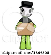 Green Plague Doctor Man Holding Box Sent Or Arriving In Mail