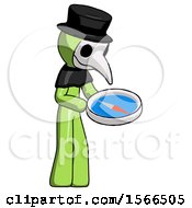 Poster, Art Print Of Green Plague Doctor Man Looking At Large Compass Facing Right