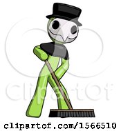 Poster, Art Print Of Green Plague Doctor Man Cleaning Services Janitor Sweeping Floor With Push Broom