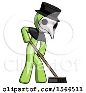 Poster, Art Print Of Green Plague Doctor Man Cleaning Services Janitor Sweeping Side View