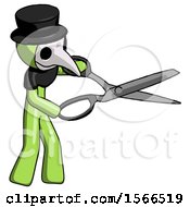 Poster, Art Print Of Green Plague Doctor Man Holding Giant Scissors Cutting Out Something