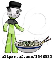 Poster, Art Print Of Green Plague Doctor Man And Noodle Bowl Giant Soup Restaraunt Concept