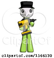 Green Plague Doctor Man Holding Large Drill