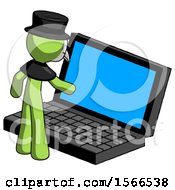 Poster, Art Print Of Green Plague Doctor Man Using Large Laptop Computer