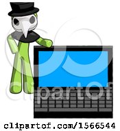 Green Plague Doctor Man Beside Large Laptop Computer Leaning Against It