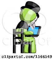 Poster, Art Print Of Green Plague Doctor Man Using Laptop Computer While Sitting In Chair View From Back