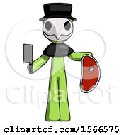 Poster, Art Print Of Green Plague Doctor Man Holding Large Steak With Butcher Knife