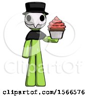Poster, Art Print Of Green Plague Doctor Man Presenting Pink Cupcake To Viewer