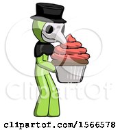 Green Plague Doctor Man Holding Large Cupcake Ready To Eat Or Serve