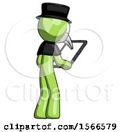 Poster, Art Print Of Green Plague Doctor Man Looking At Tablet Device Computer Facing Away
